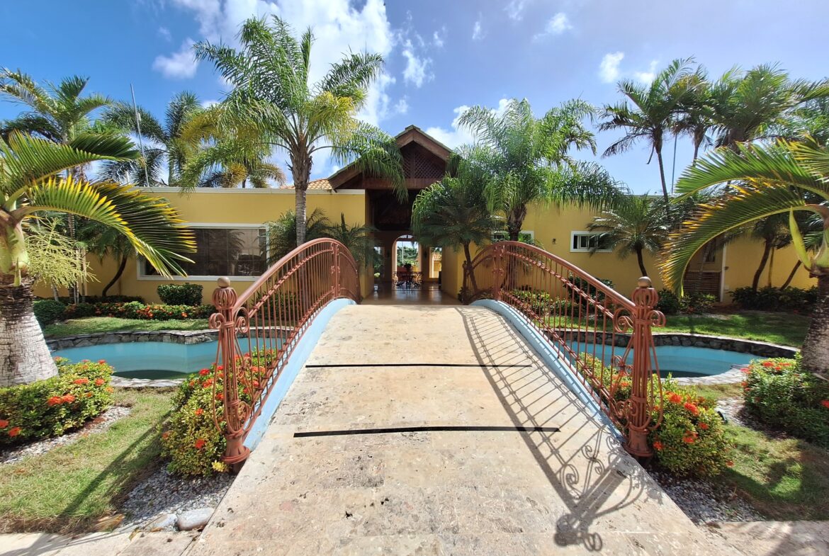 Footbridge over pond.